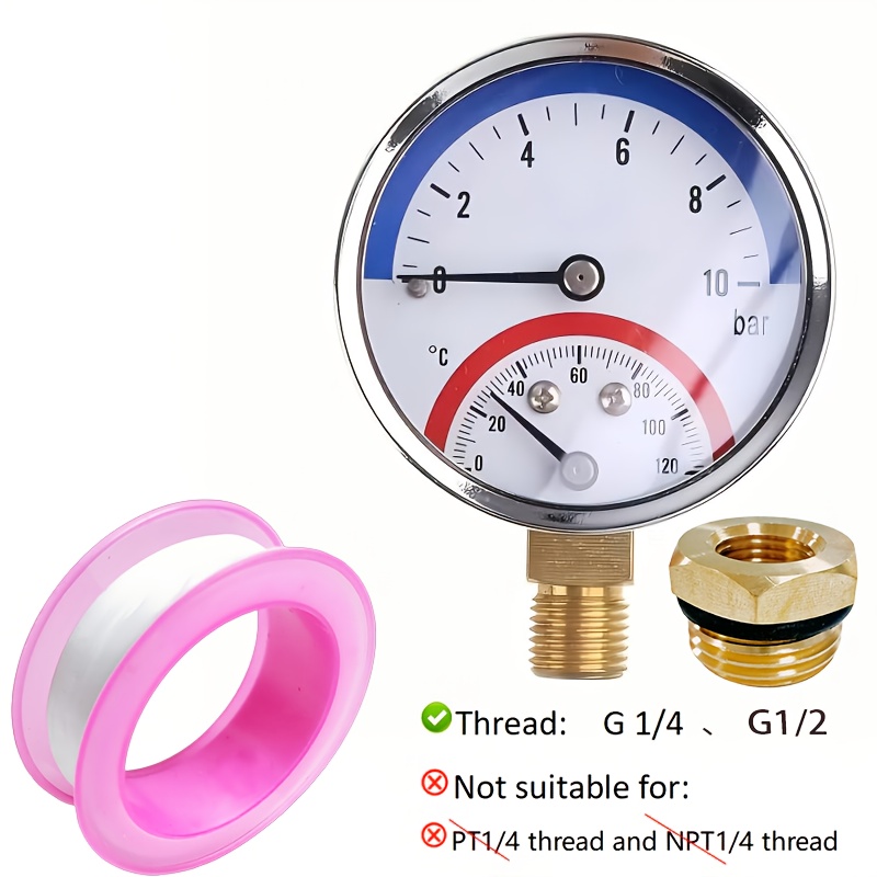 E-shop 2-in-1 Temperatur- und Druckmesser | Y50, 10bar, 120°C, geeignet für G1/4 oder G1/2 Gewinde, inklusive Kabel und G1/4 auf G1/2 Adapter