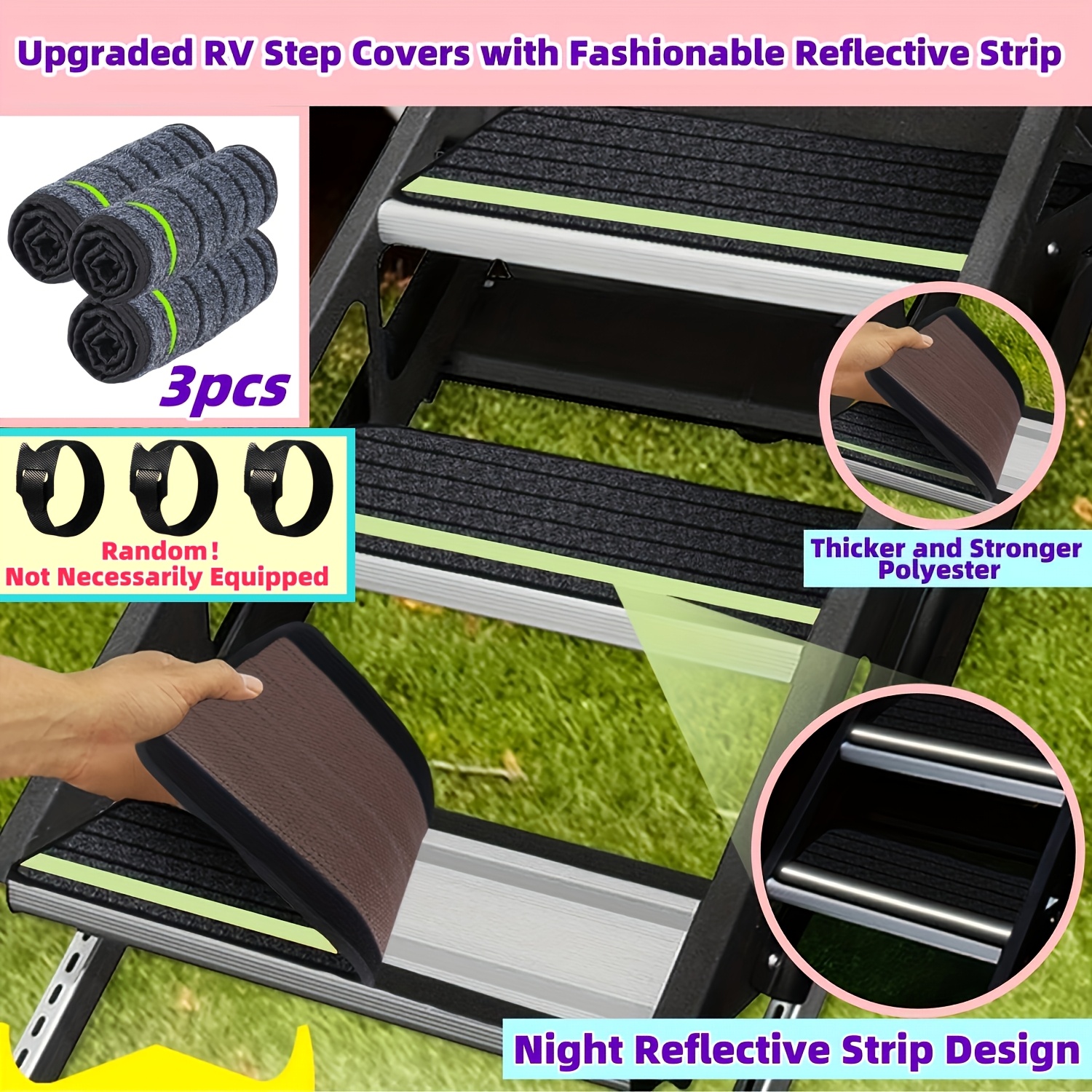Image of Upgrade Rv Step Covers With Fashionable Reflective Strip, 3pcs Stair Cover Rug Carpet With 6pcs Sticky Stripes For Travel Trailers (black)