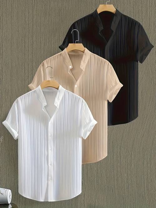 mens casual stand collar button shirt solid color short sleeve suitable for formal office business and leisure 3pcs set beachwear