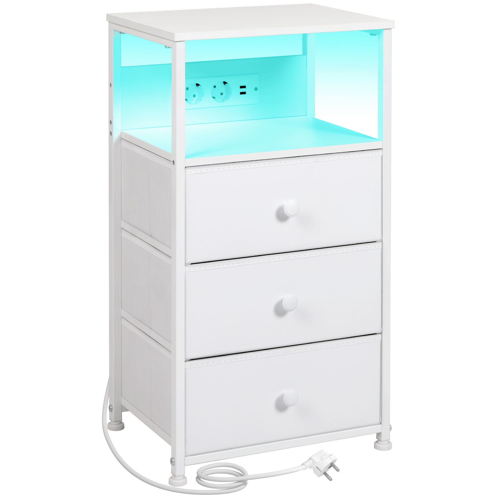 Image of Amhancible 1pc Bedside Table With 3 Fabric Drawers With Led Lighting, Charging Station Side Table For Bedroom, Living Room, Hallway, Easy Assembly