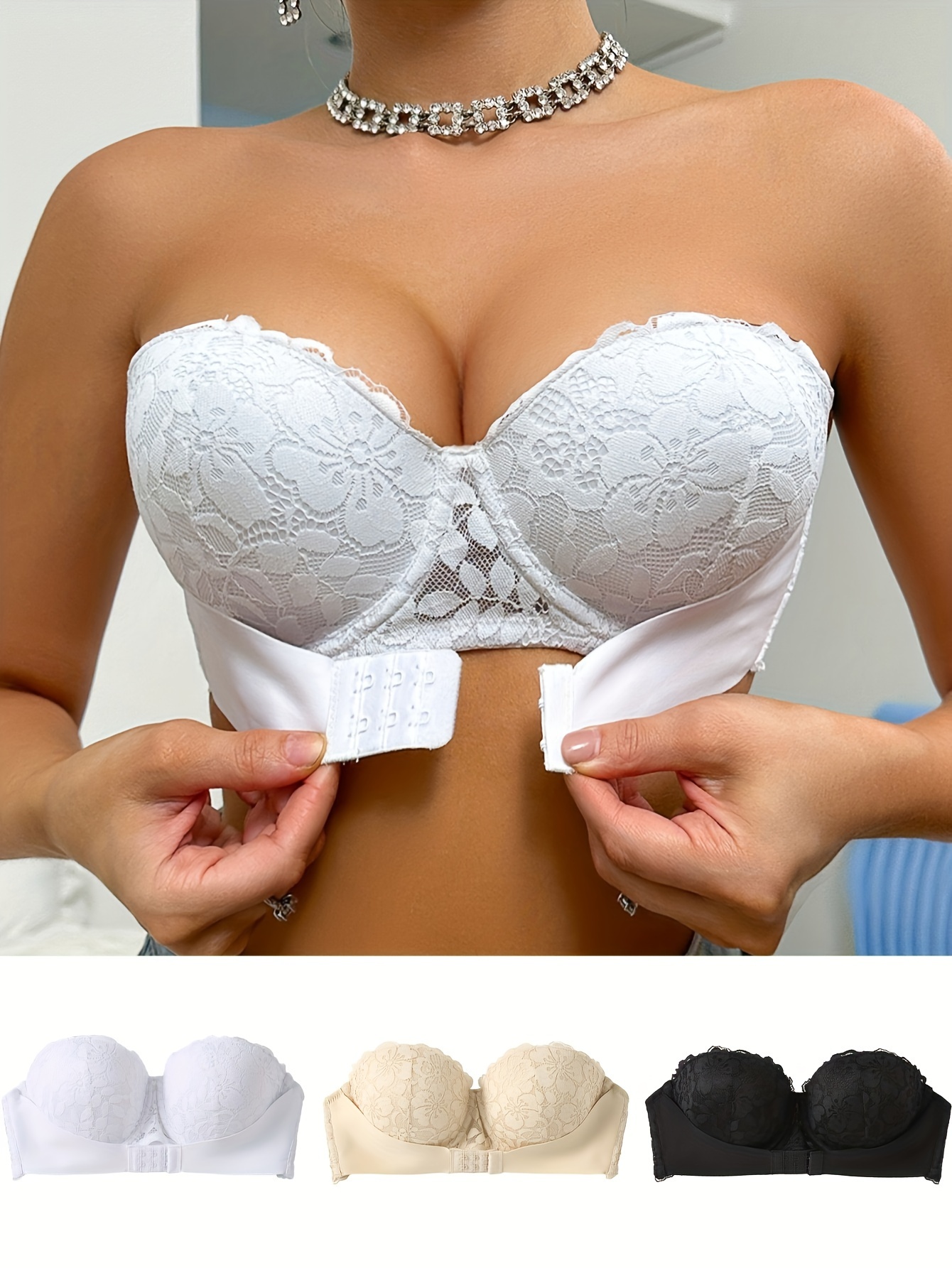 3pcs Women'S Lace Bra Set - Sexy Strapless Push-Up Bras with Underwire Support, Non-Removable Padded Cups, and Front Closure for a Flattering Fit, Everyday Comfort Wear | Elegant Lingerie | Strapless Bra