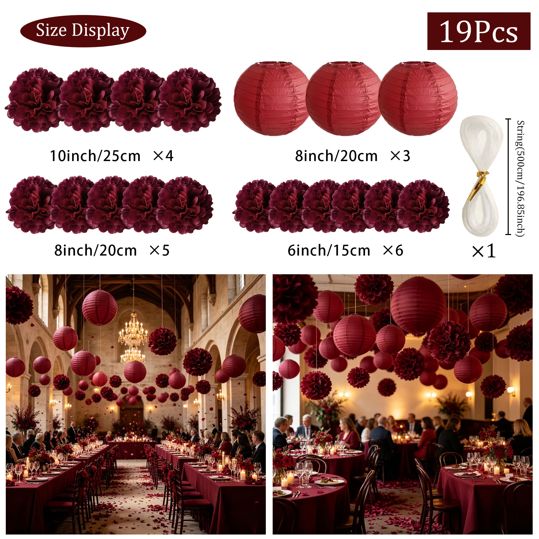 TEMU 19pcs Burgundy Paper Lantern & Paper Pom-pom Set, Wedding & Party Decor Kit, Assorted Sizes. Suitable For Multiple Occasions: Business ,