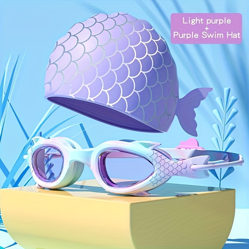 

' Fish-shaped Swim Goggles & Silicone Cap Set - Waterproof, , - Light Purple, Ideal For Pool &