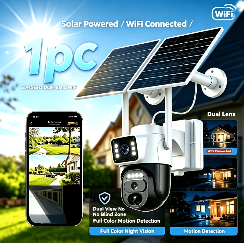 TEMU Hawkray 1pc 2k Wifi Solar Security Camera, 360 Degree Panoramic, Low Power Cctv Camera, Motion Detection, Spotlight Alarm, Night Vision, Audio