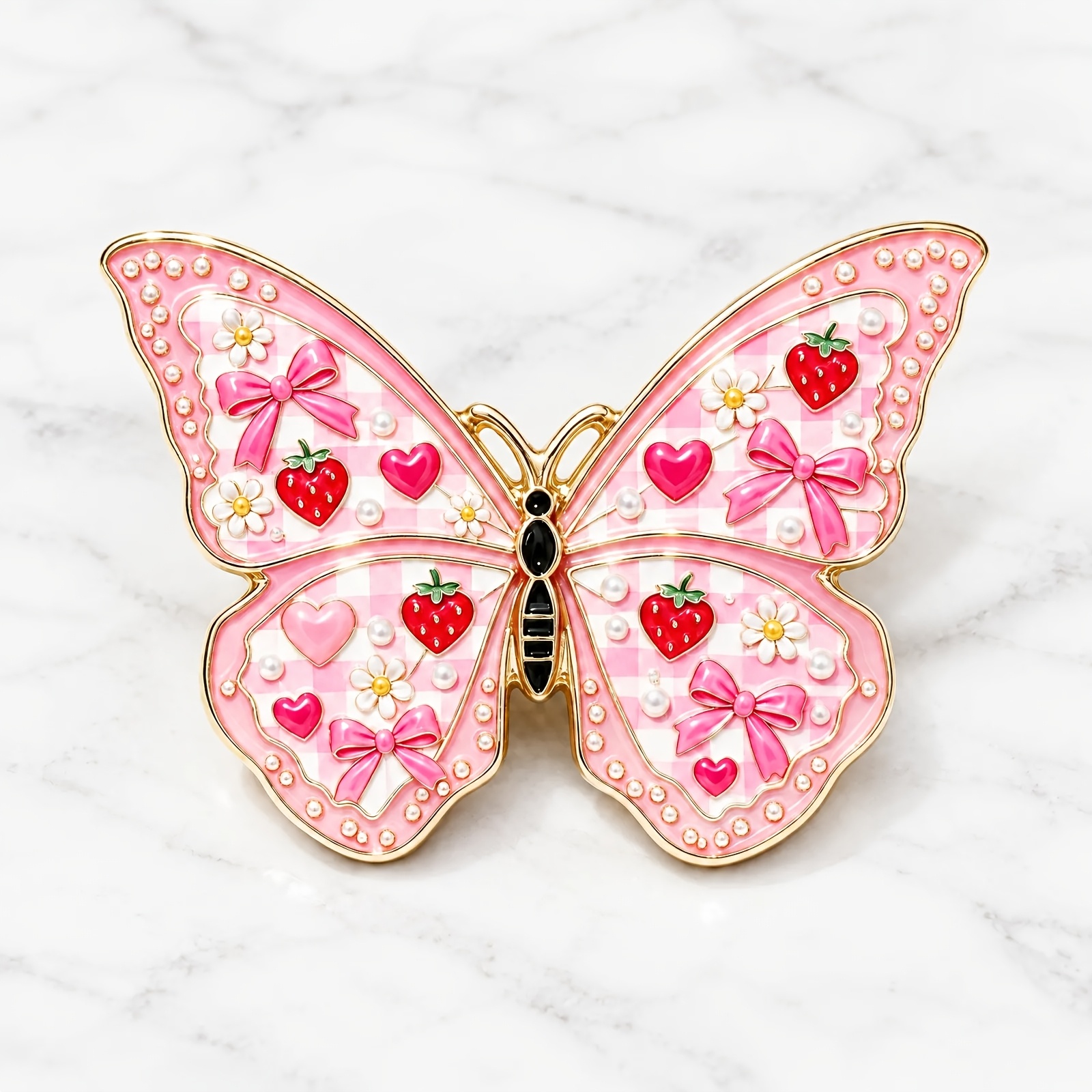 TEMU 2d Flat, 2d Flat Valentine's Day Strawberry Brooch - No Settings (- In Image) Plaid Oil-drop Wings With Bow Strawberry Heart - Sweet & Adorable