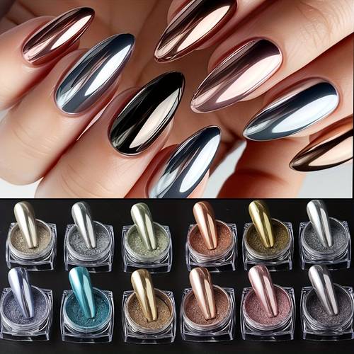 6/12pcs/Set Magic Mirror Dipping Powder Charm Metal Chrome Mirror Nail Rubbing on Manicure Tips Retro Color Design Nail Art