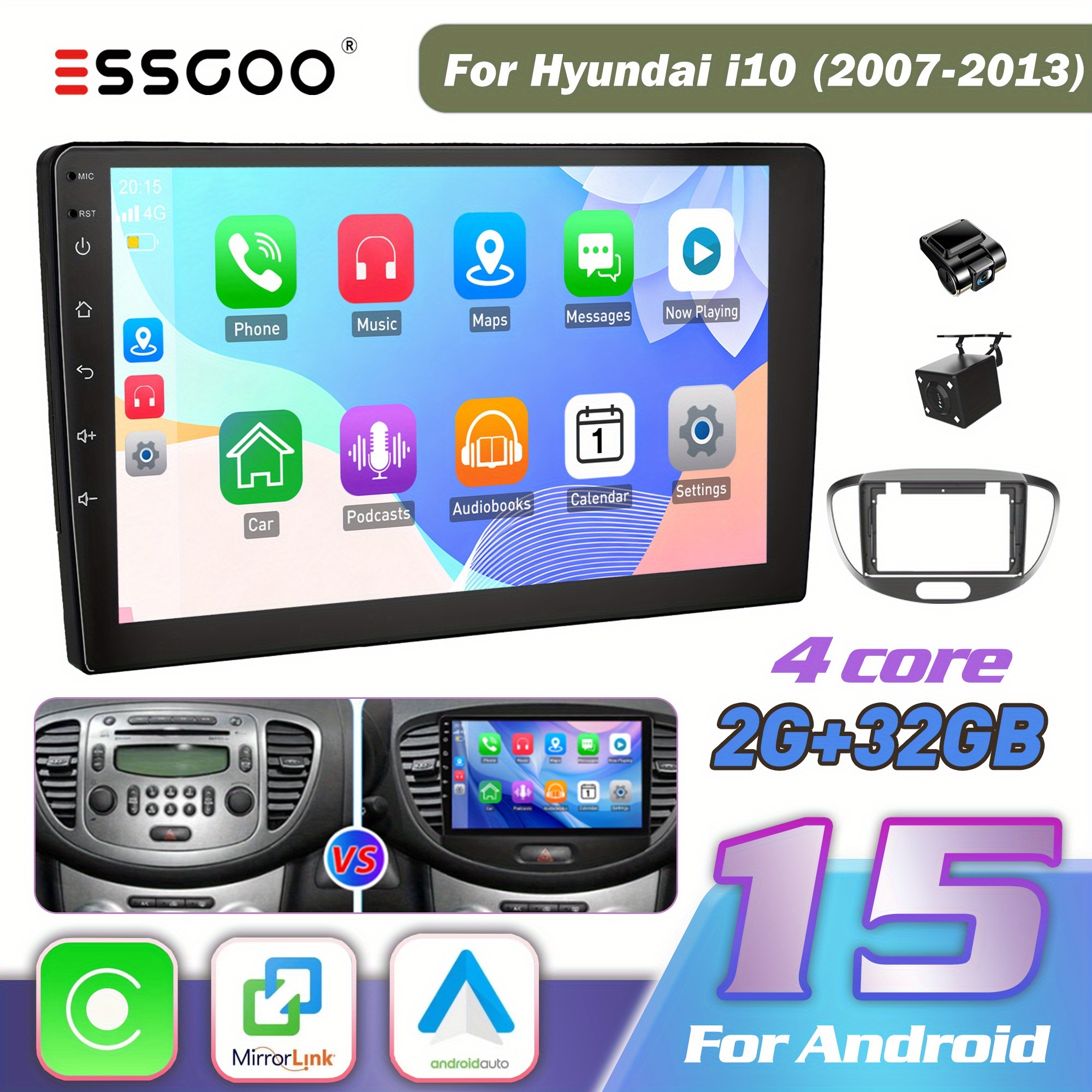 Essgoo 9-inch 15 Car Stereo Designed For The For I10 (2007-2013) | 2din Ips Touchscreen Featuring & Auto | 2gb And 32gb Rom, Steering Wheel Control, , Fm Radio & Eq Sound Settings