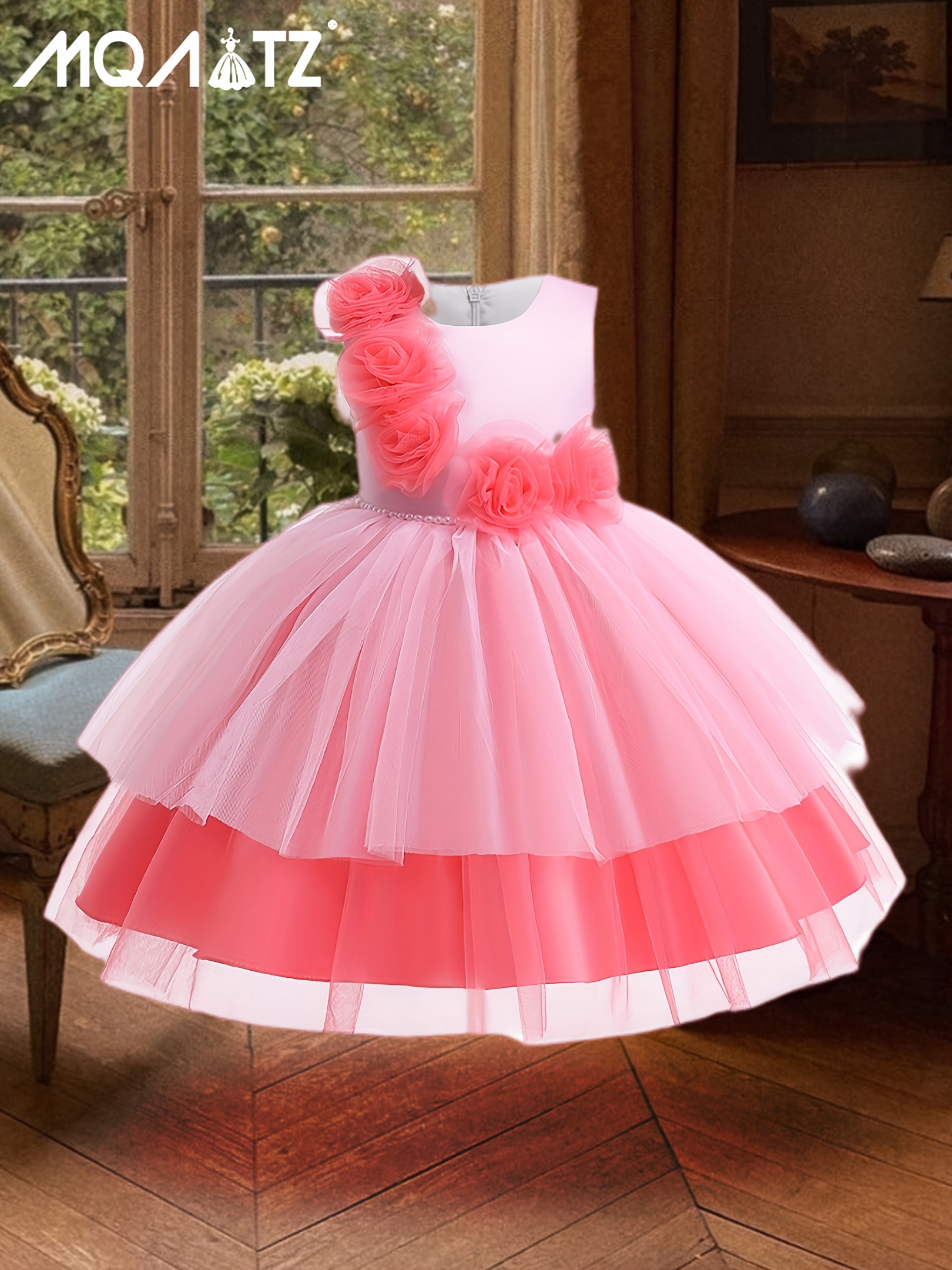 Girls Peach Dress Birthday Party Princess Dress Beaded Puffy