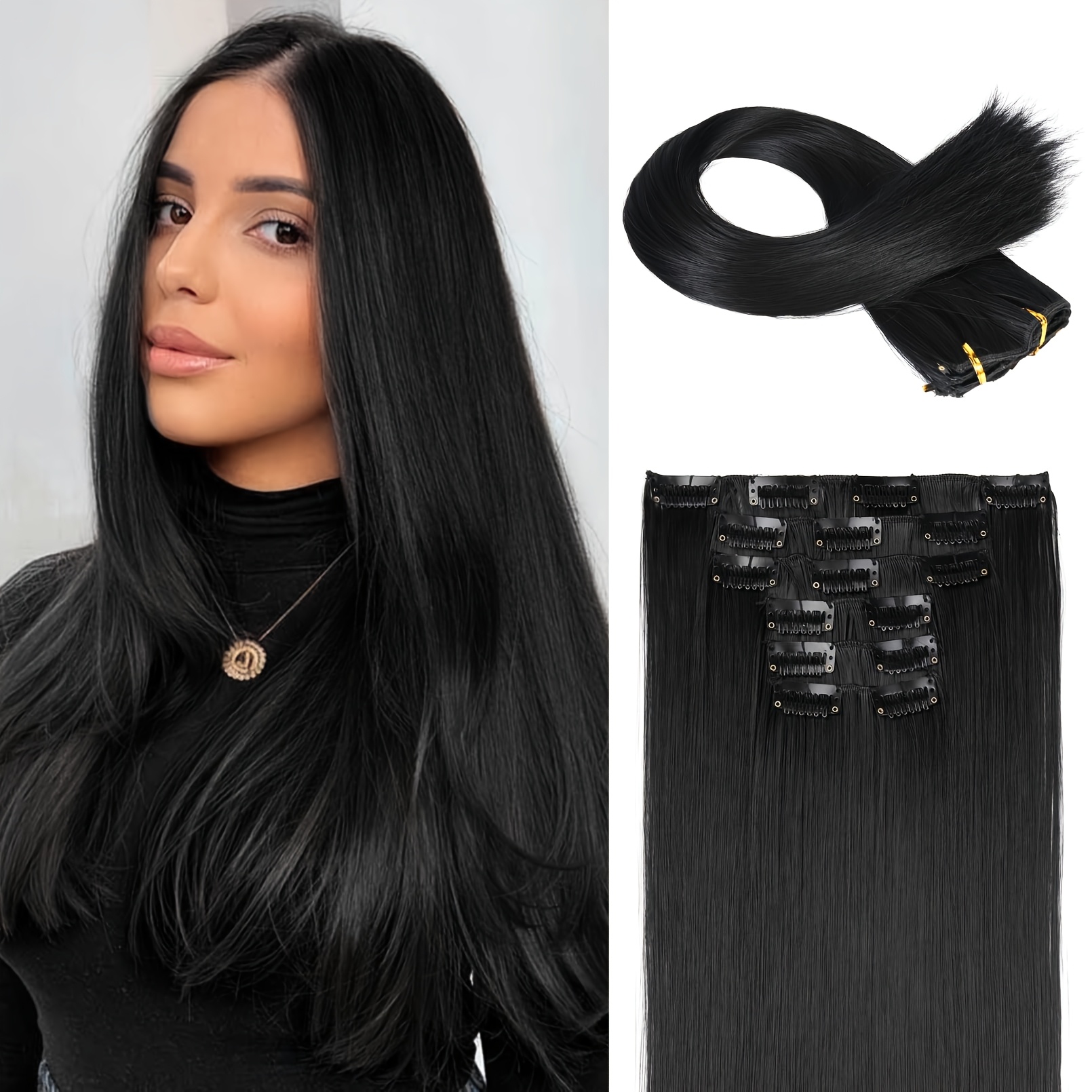 TEMU 6pcs Clip-in Straight Hair Extensions Suitable For Women - Heat Resistant Synthetic Hairpiece With Look, Clip- Hair Add-ons For Volume, Length,