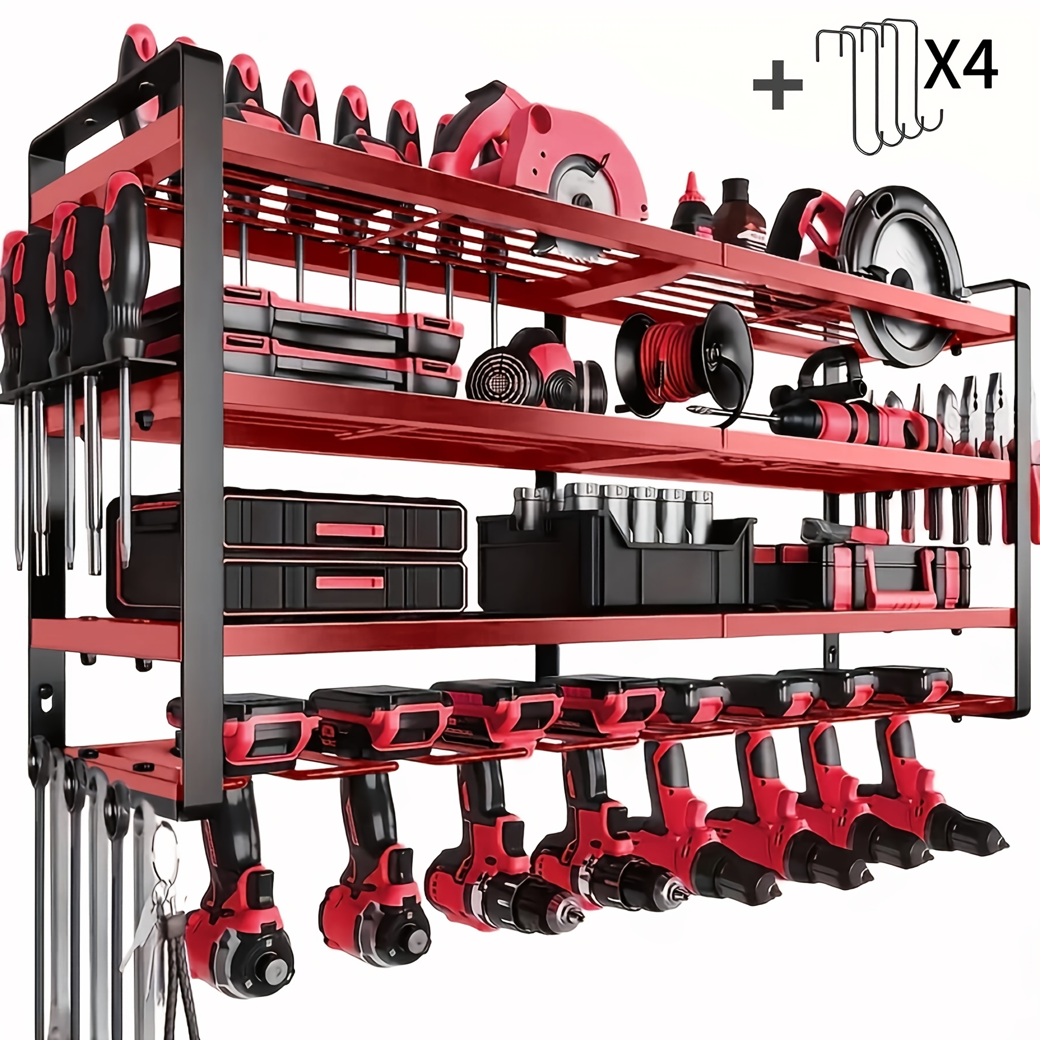 TEMU 2026 Wall-mounted Electric Tool Storage Rack, Four-layer Cordless Garage Tool Storage, With 8 Drill Bits Stand, Practical Storage Rack, Men's