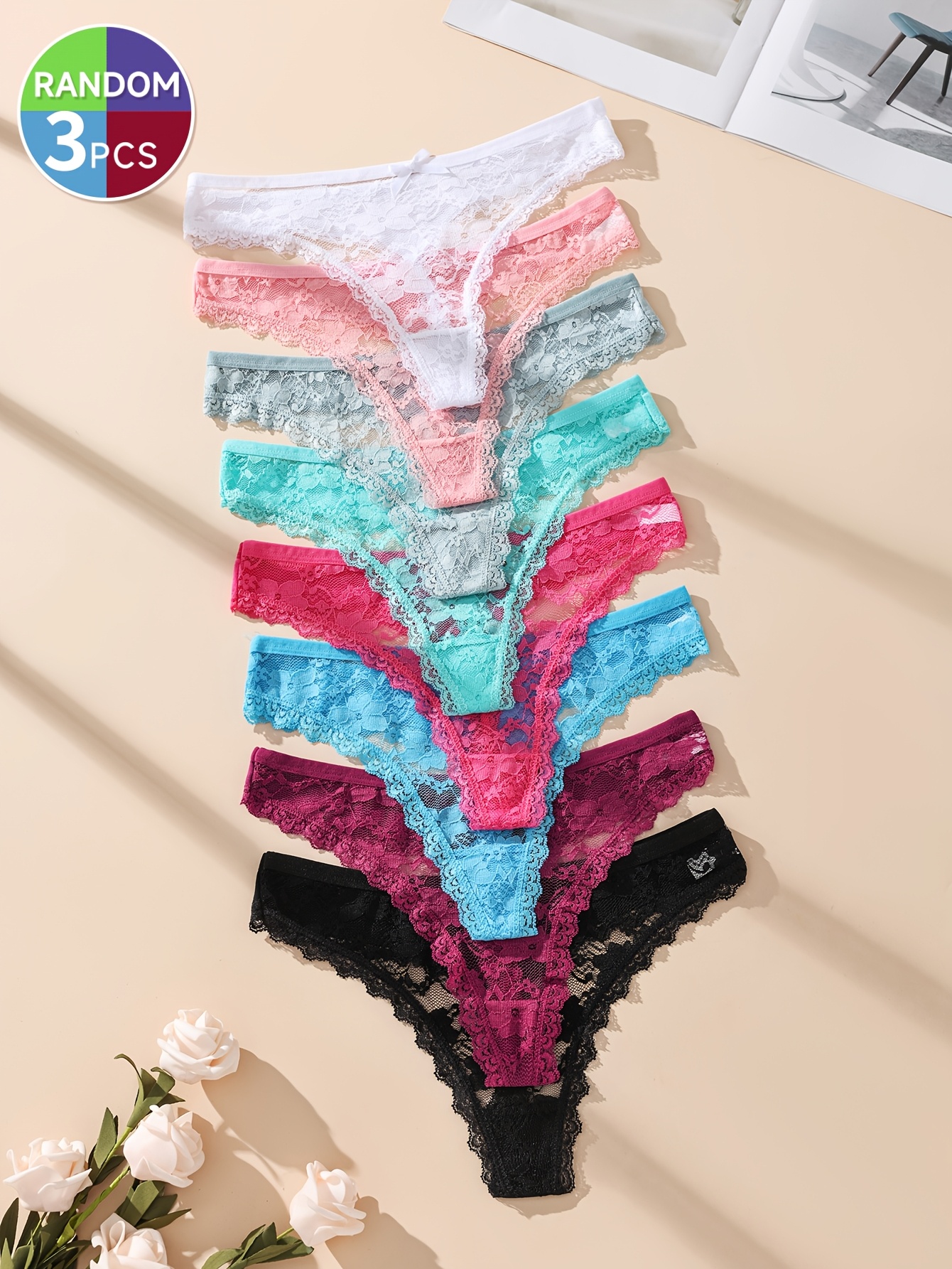 a set of three random womens lace panties featuring a   low   design with bow decorations soft and comfortable   with floral lace prints   and breathable made from high elastic fabric