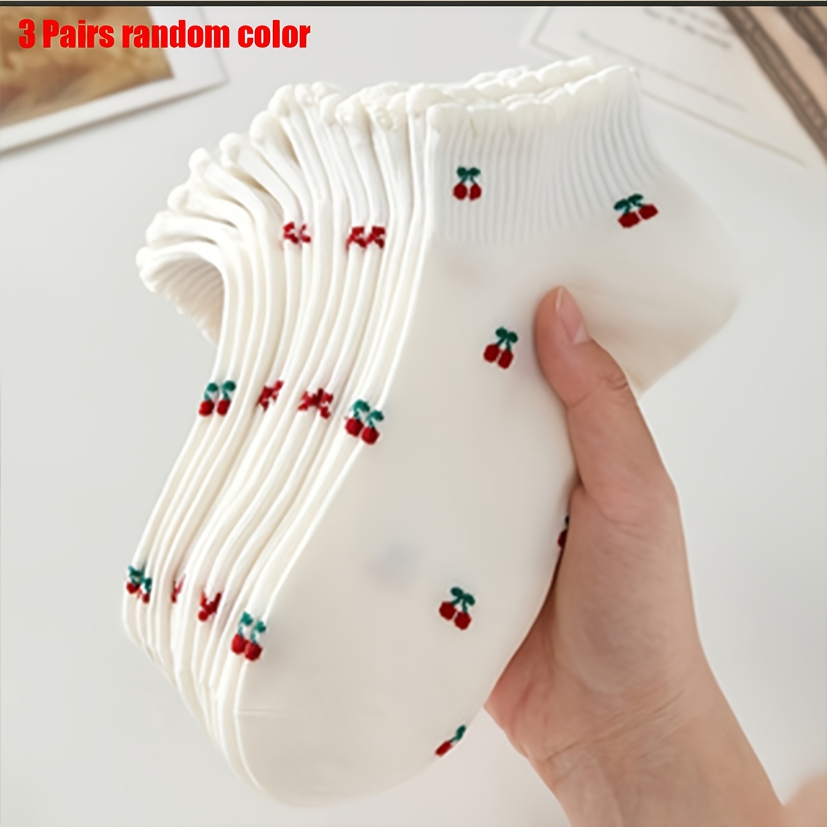 TEMU Lot de 3 paires aléatoires de chaussettes cheville pour femme, mignonnes et douces, à motif floral de cerises, chaussettes invisibles,