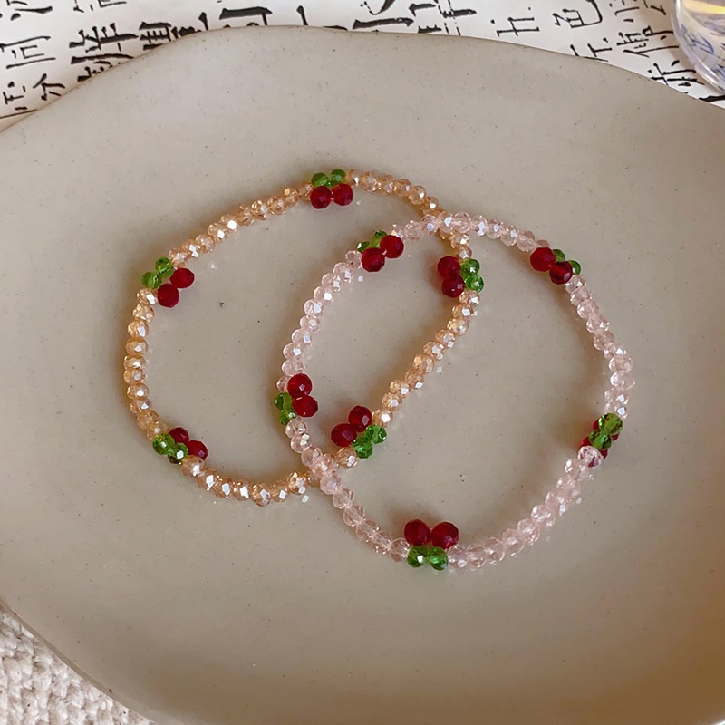 Cherry Bead Stretch Bracelet with Sparkling Crystals for Women