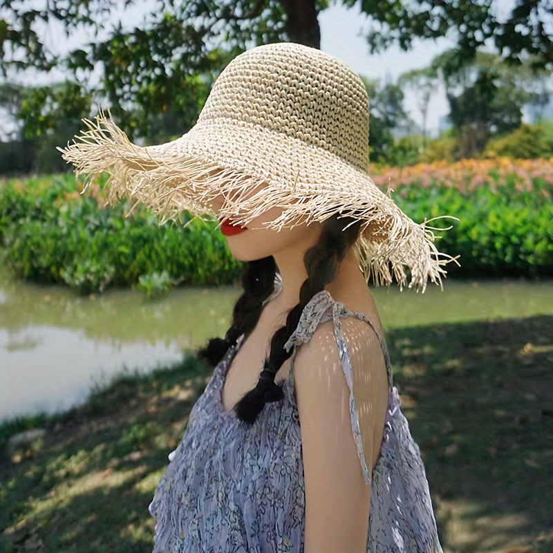 

Women's Summer Wide Straw Hat, Handmade, Caps, Foldable Sun Hats For Vacation, Breathable & Adjustable