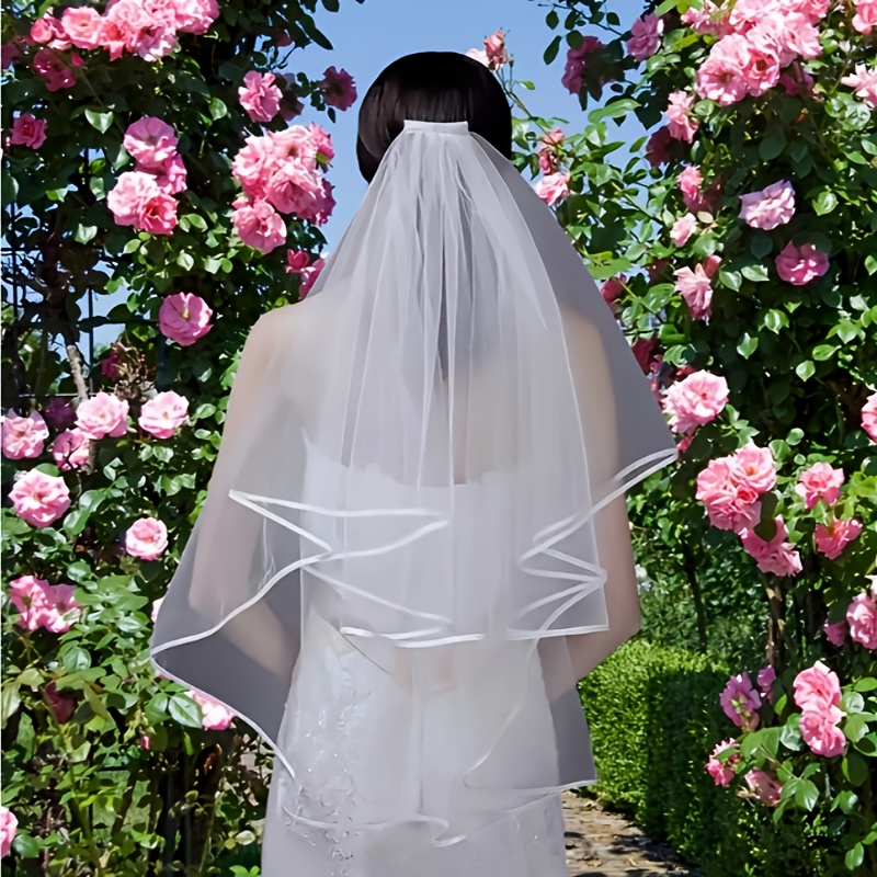 TEMU Bridal Veil, Headpiece, Wedding Accessory, Photography Prop, Bridesmaid Veil Headpiece, Elegant White Double-layer Ribbon- Bridal Veil, Ribbon