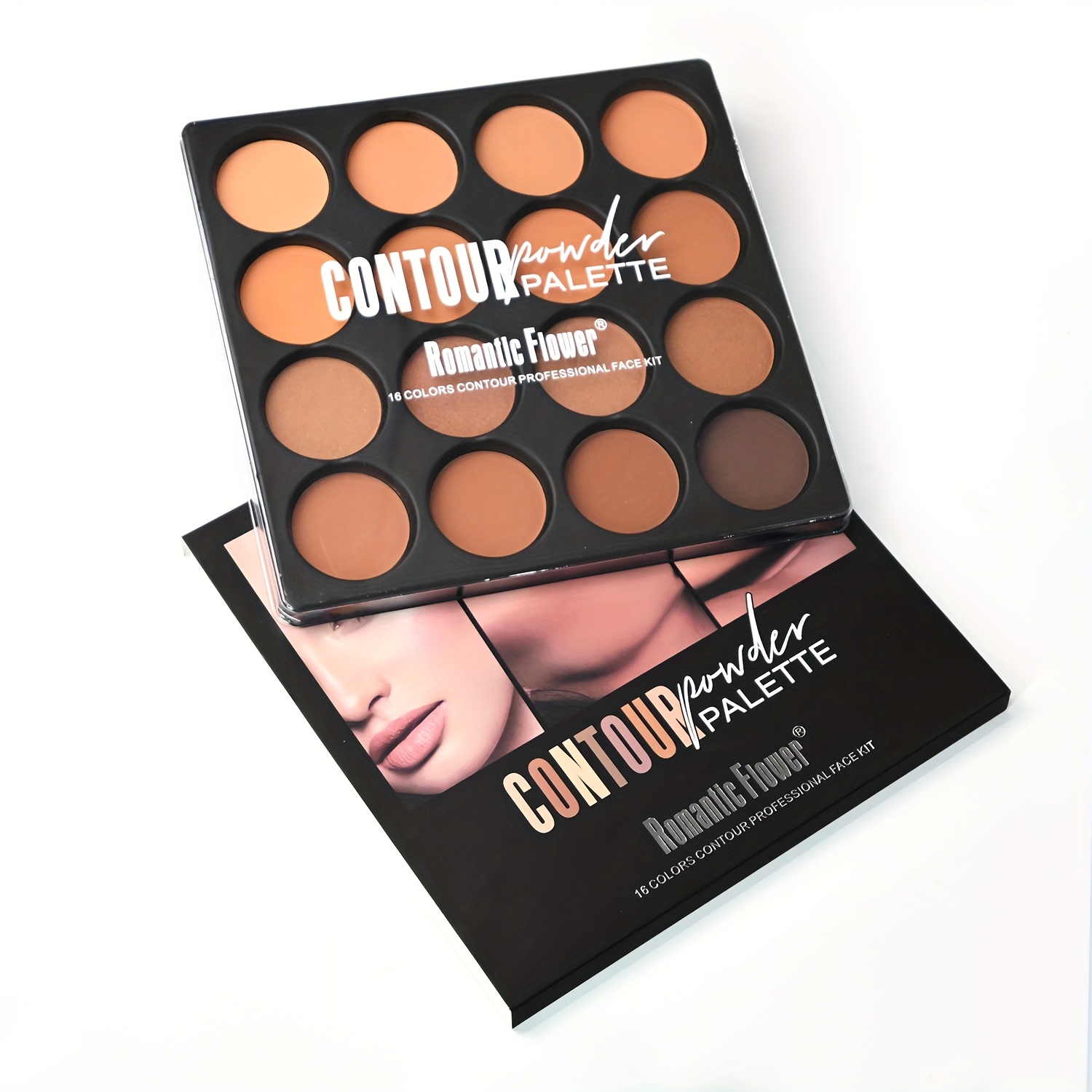 Dark Skin 16 - Color Powder Compact Palette, 12 Color Contour & 4 Color Highlighter Powder Palette, Full Coverage Matte Natural Long Lasting Face Cosmetics.