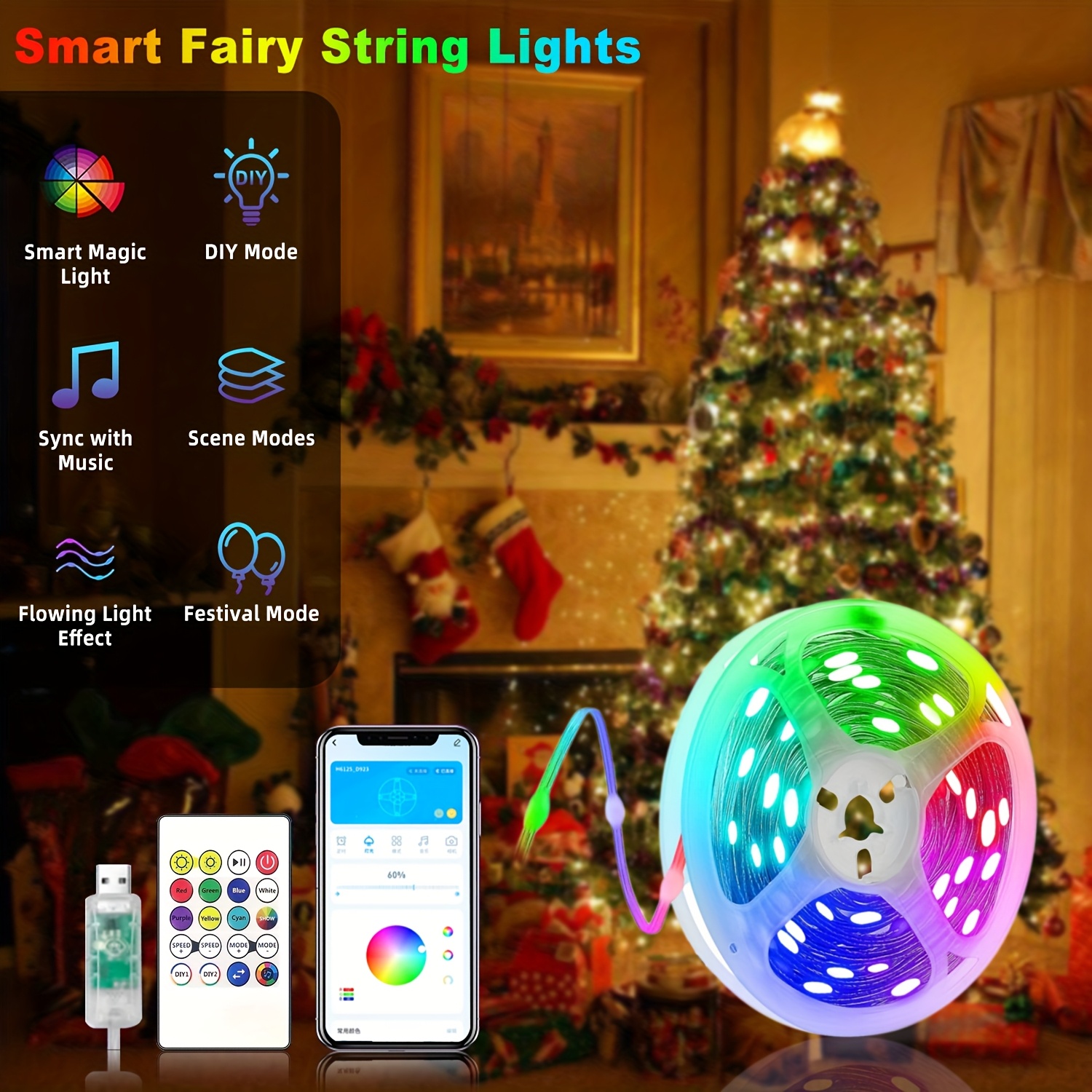 

(32/50/65/ Feet) Led Fairy Lights With 150 Leds, Diy Lighting Change , App And 20-key , Music Micro, Usb Powered, , Decorate Your Christmas Living Room Bedroom And Party, Create A .