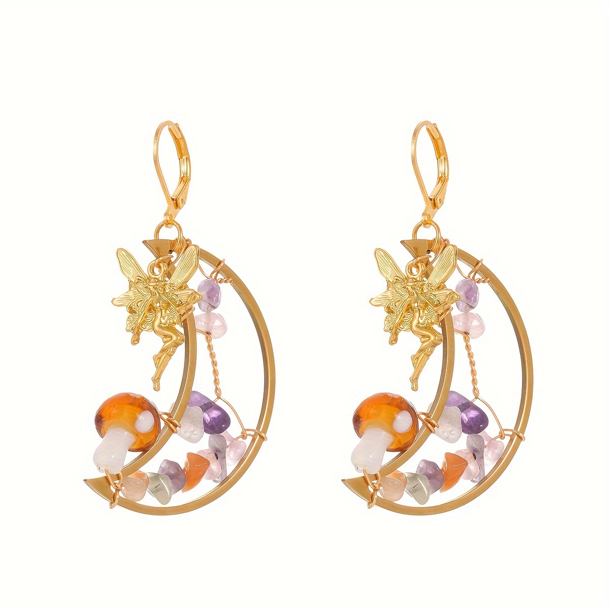 Zfairy Magical Celestial Mushroom Ear Pierced Earrings Suitable For - Stainless Steel Moon & Multicolor Stone, Romantic Daily Wear For Valentine's Day, Mother's Day, Gift (unisex)