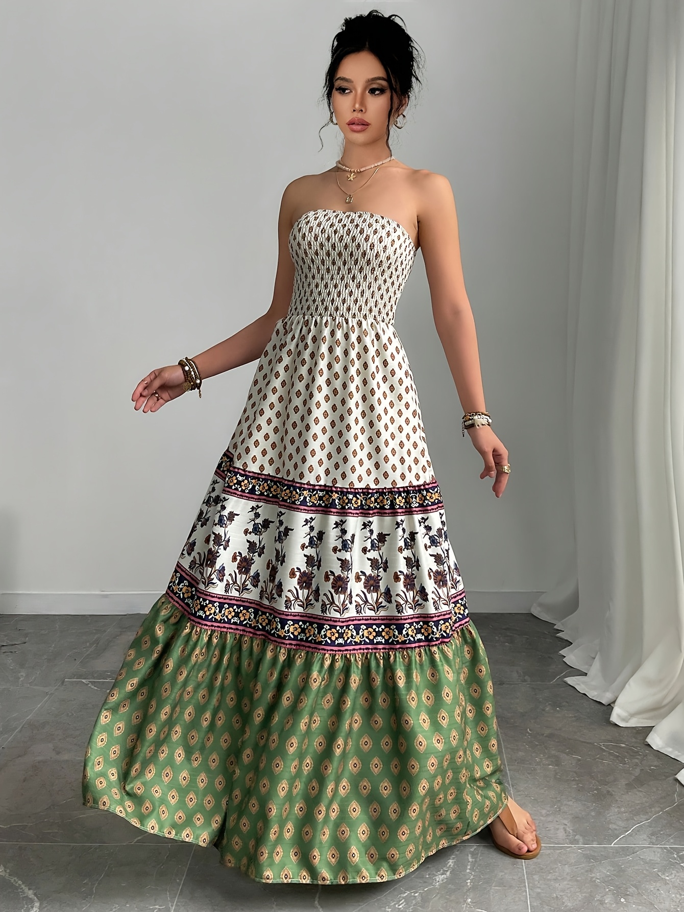 strapless boho maxi dress Vintage 90's Angie Abstract Print Multicolor Women's M The Ultimate Tropical Maxi Dress for Beach Vacations Boho Blues Strapless Maxi Dress