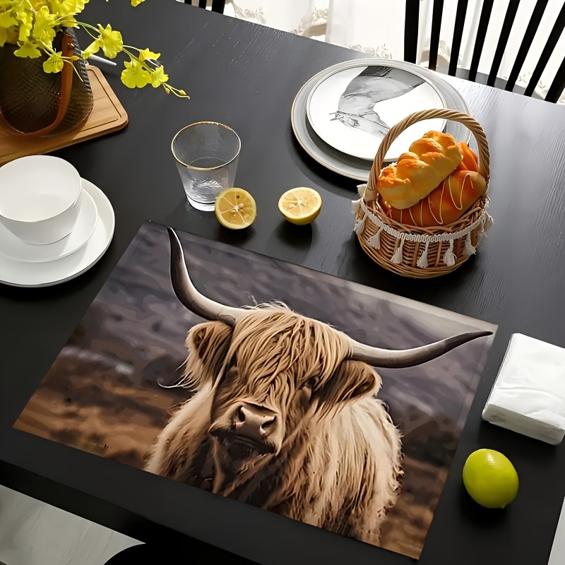 

2pcs Highland Cow Linen Placemats, 17x11.8 Inches Rectangular Woven Table Mats, Hand Washable Dining Decor For Kitchen And Holiday Parties