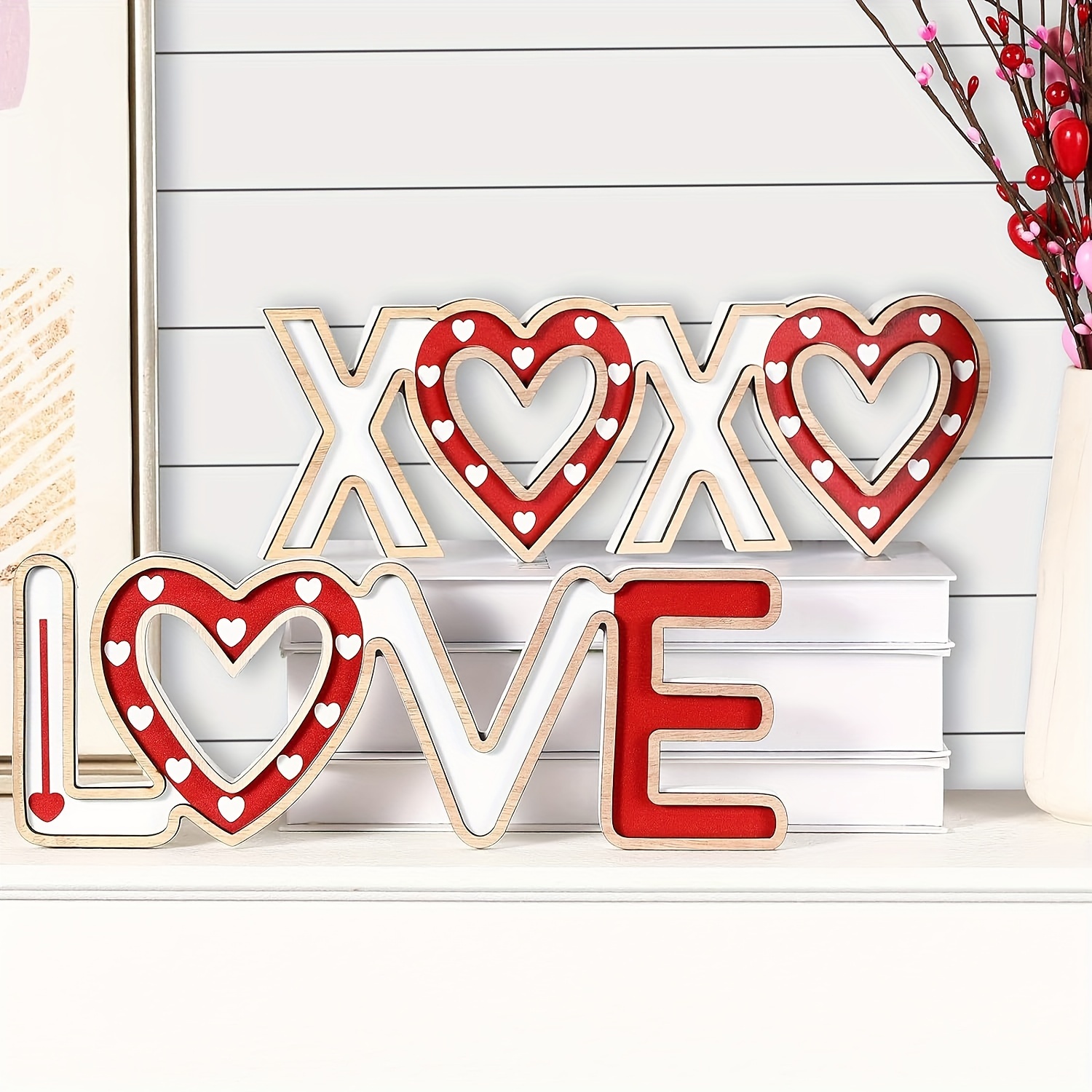 

2 Wooden Love And Desktop Signs - Valentine's Day Decoration - And 's Home Decor For Shelves, Fireplace Mantels, And Wedding Anniversary Party Supplies.