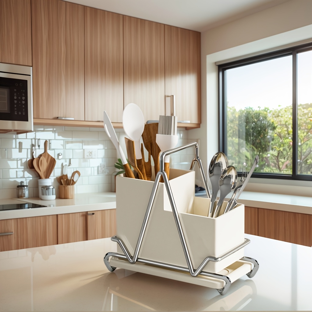 1pc cream white stainless steel utensil holder with   multifunctional kitchen countertop organizer for cooking utensils knives spoons and forks dining room accessory triangular design metal utensil holder kitchen utensils Product details 12