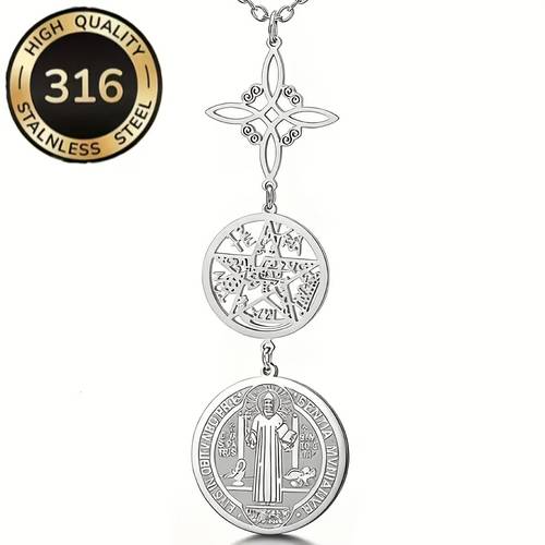 1pc necklace steel catholic and jewish spirit amulet with st benedict medal witch knot hypoallergenic and fade resistant pentagram and square star charms religious gift for halloween