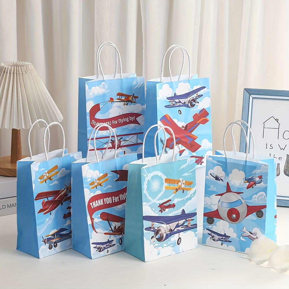 

12pcs Airplane Theme Paper Bags - Perfect For Festive Gifts, Birthday Parties, Or As Decorative Shopping