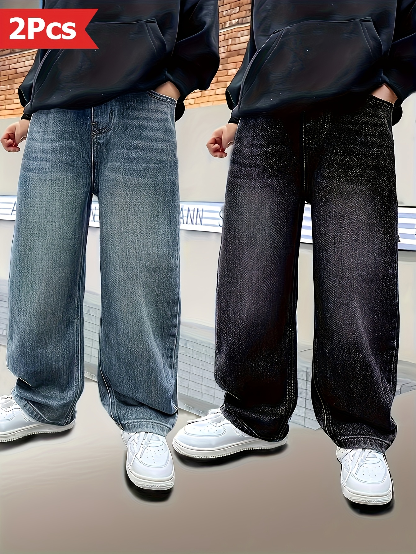 2pcs Boys' Jeans, Streetwear Versatile Jeans for Boys, Autumn And Winter Pants, Comfortable And Stylish Loose Fit Trendy Jeans for All Seasons, Street Casual Hip-Hop Pants, Daily Casual Long Pants, Holiday Style Pants, Elastic Waist for Comfortable