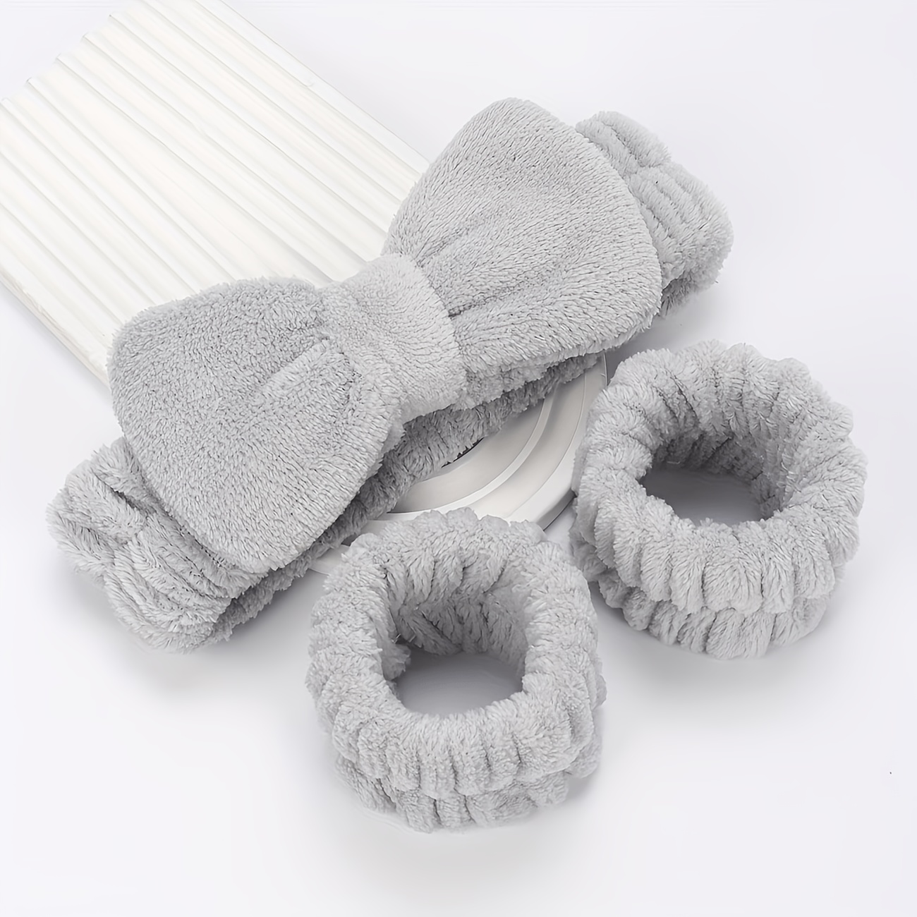 TEMU 3pcs Flannel Bow Headband And Wristband Set, Soft Fuzzy Women Water-absorbent Wrist Cuffs, Stretchy Bow Headband For Washing Face & Makeup,