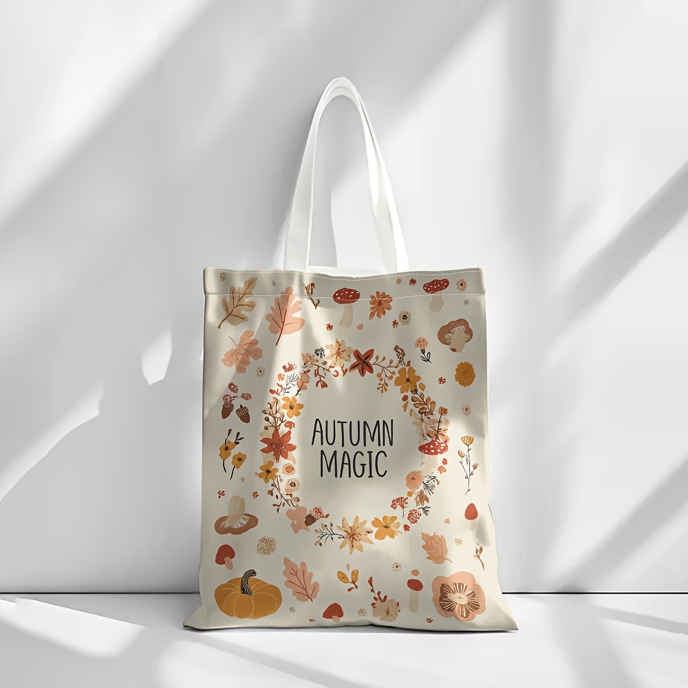 TEMU 1 pz, Borsa tote autunnale - Borsa tote autunnale con design a zucca, di foglie e fiori in beige, e marrone - Spaziosa borsa da viaggio con