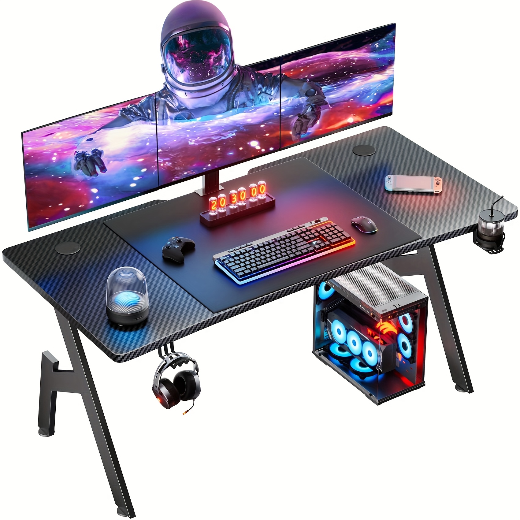 TEMU FRODROVIA Bureau de Jeu avec Porte-Gobelet et Crochet pour Casque, Table de Jeu de A, Bureau de Travail Robuste pour PC avec Surface en Fibre de