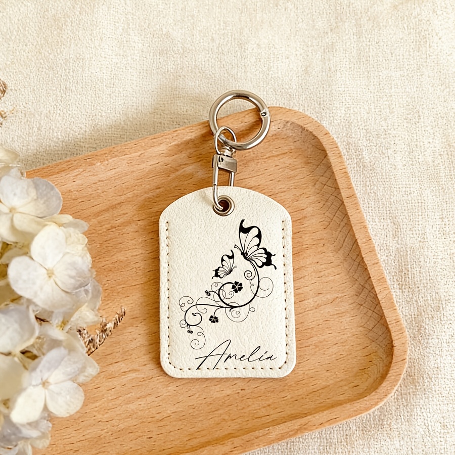 Custom Name Text Butterfly Keychain, Personalized Faux Leather Key Card Holder