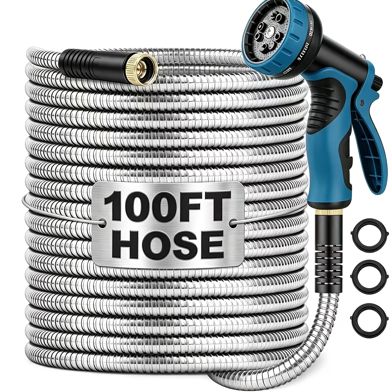 TEMU Metal/stainless Steel Garden Hose 10/25/50/75/100/150ft With Sprayer Nozzle, Non-kinking Designed Stainless Steel Heavy Duty Water Hose 100 Ft X