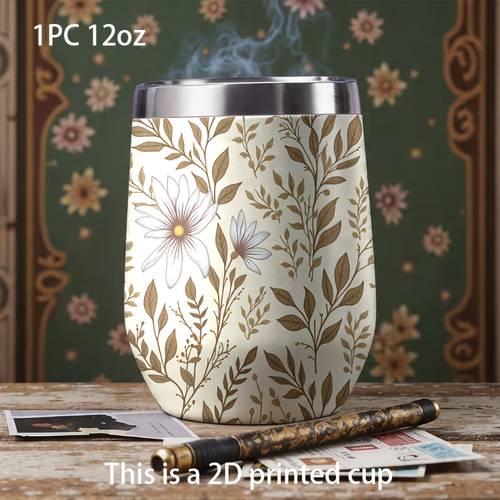 item picture 1pc 12oz stainless steel insulated tumbler and coffee cup leak proof lid flower and leaf print gym insulated tumbler beach insulated cup perfect christmas gift for friends practical and thoughtful 2d printed