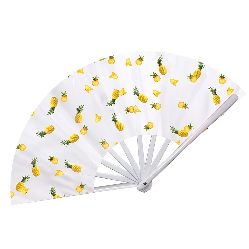Image of 1 Pack/6 Pack 22cm Pineapple Print Folding Fan | Tropical Fruit Pattern And Scheme | Beach Vacation And Bohemian Style Decoration Fan