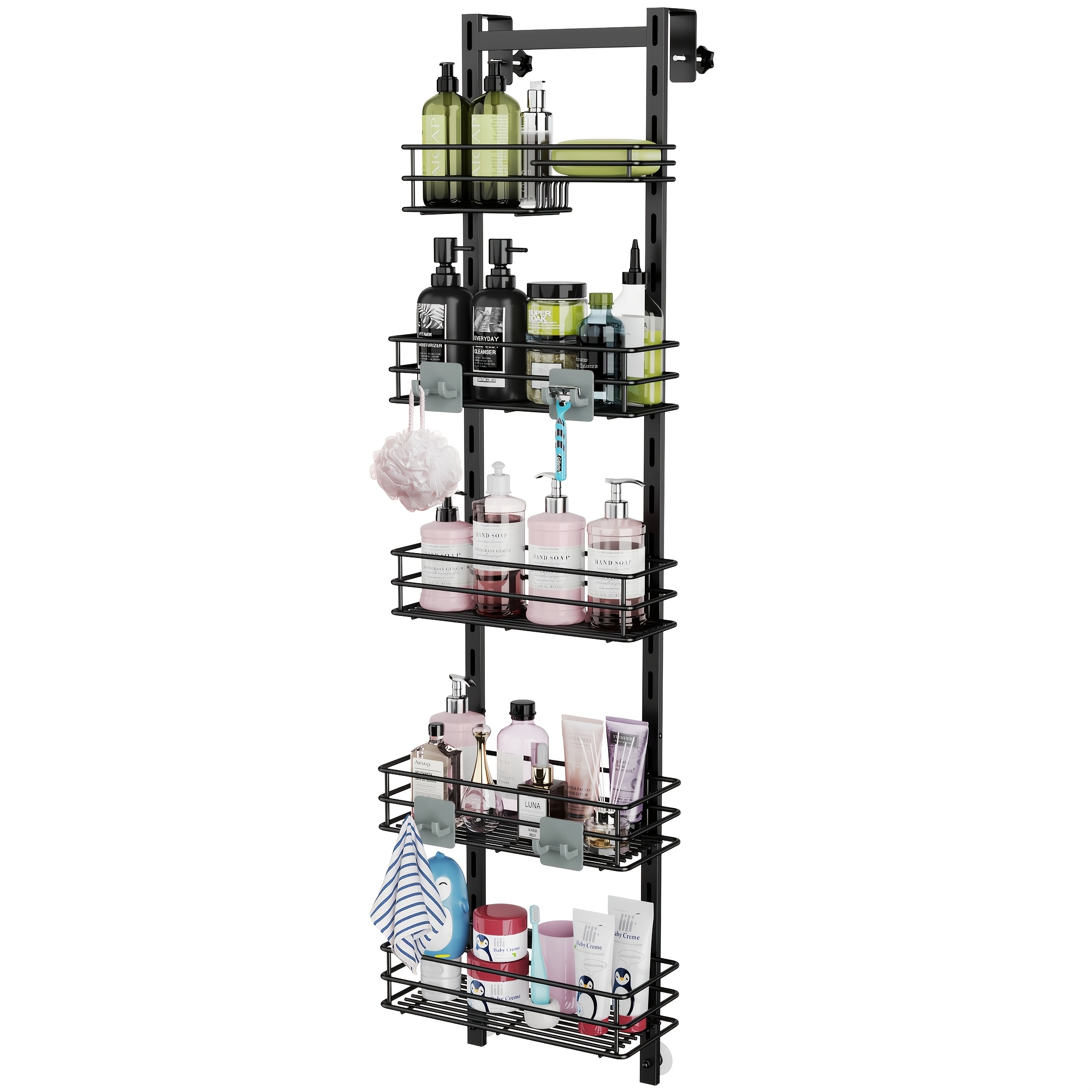 5-tier Adjustable Bathroom Door Hanging Rack, Large Capacity Rustproof Metal Shelf With Soap Storage Design, Height-adjustable For Shower Accessories Suitable For Bathrooms - Black, Shelves