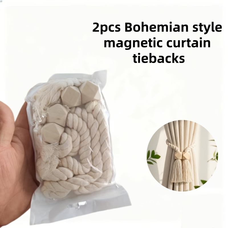 TEMU 2pcs Magnetic Curtain Tiebacks Boho Hand Woven Rope Curtain Holdbacks With Geometric Wood Bead Handmade Tassel No Drill Rustic Farmhouse