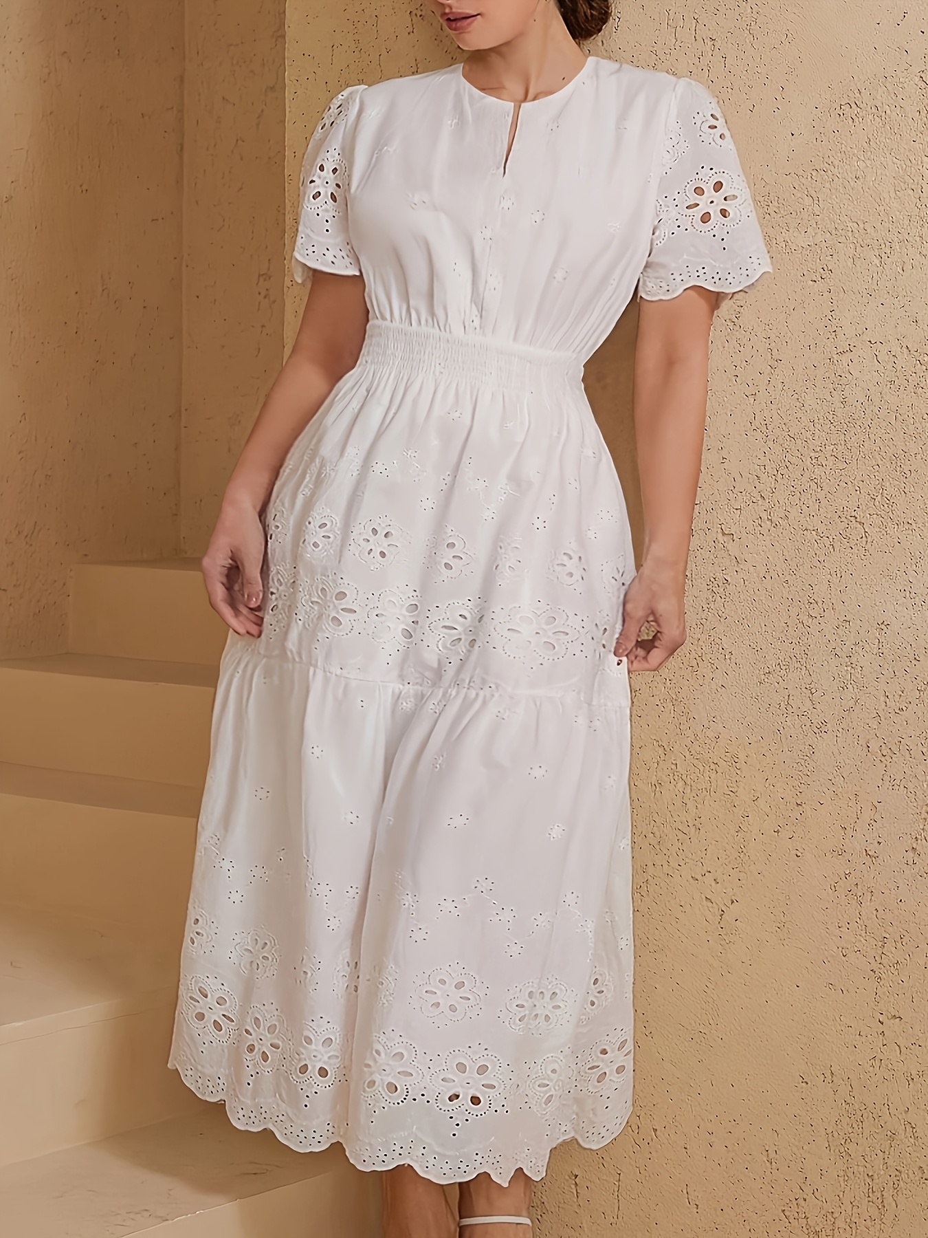 womens elegant white lace short sleeve midi dress hollow - Temu Philippines