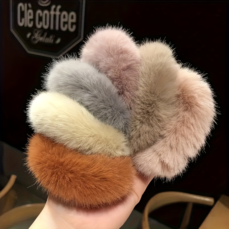 6-pack Artificial Hair Loops, Fluffy Hair Ropes, Furry Hair Bands, Wristbands, Hair Ties, Ponytail Clips, Women' Essentials