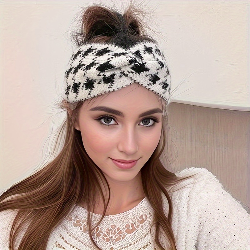 

Vintage Elegant Houndstooth Knit Wide Headband - Polyester Chic Tie Sports Warm Headband For Women, Knot Hair Accessory, Single Piece