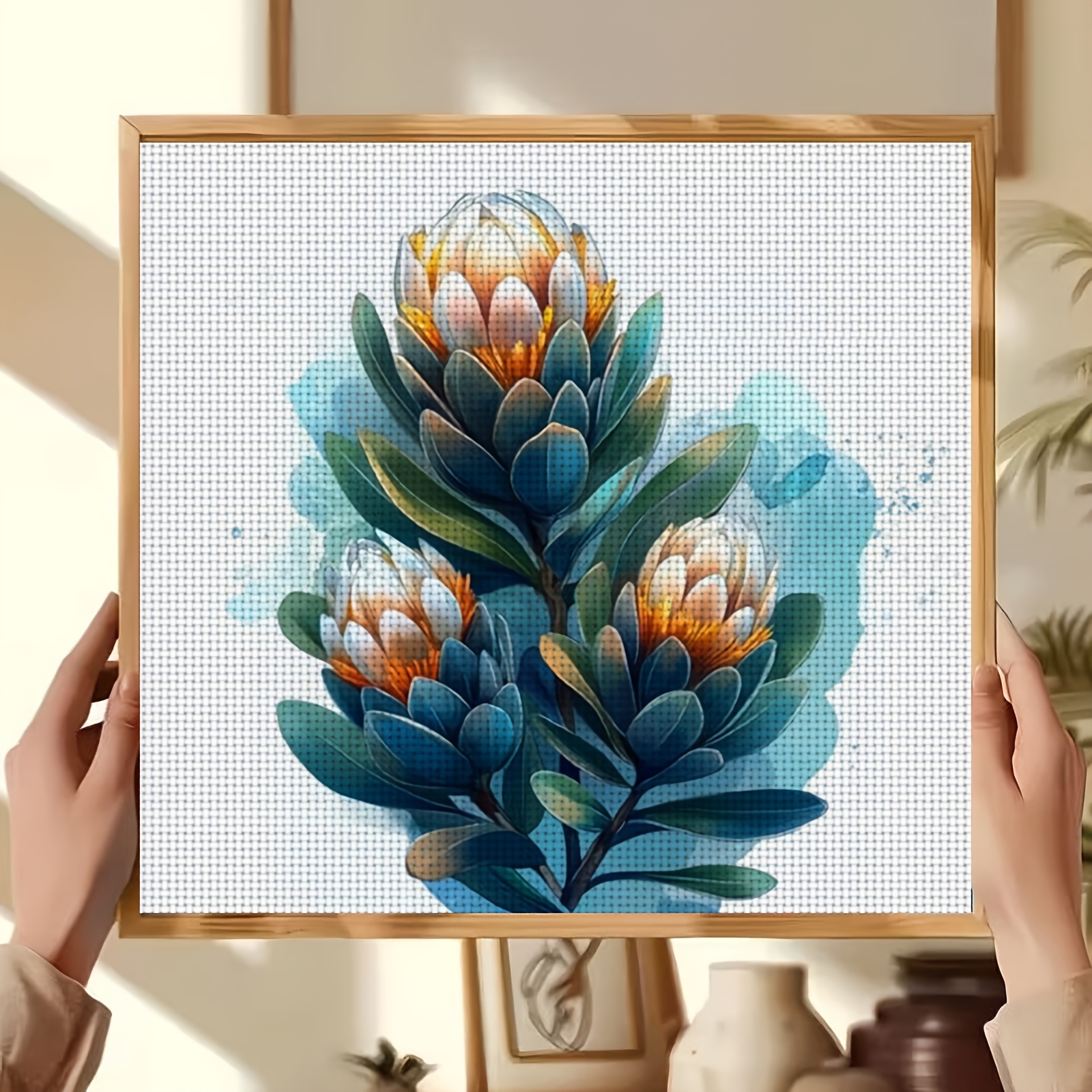 Cross-Stitch Printing Kit Featuring Three Blue Leaf Watercolor Flowers