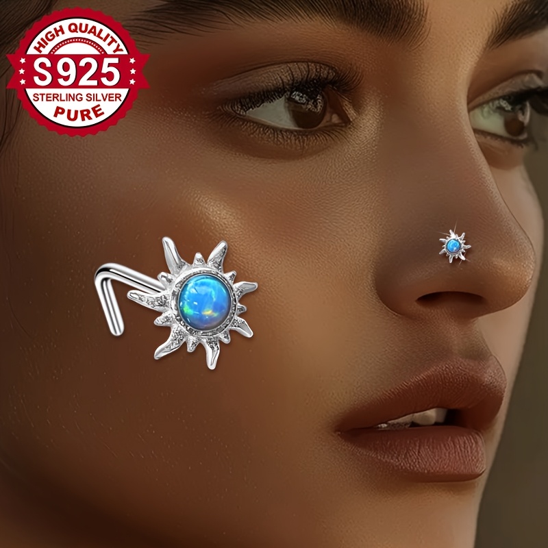 Image of 1pc, S925 Silver, Blue Spherical Sun Nose Stud, Personalized, High-end Body Piercing Jewelry, Suitable For Women', Party, And Vacation Wear, Hypoallergenic