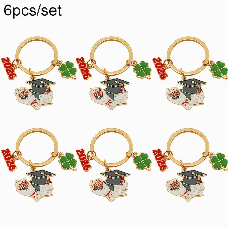 TEMU 6pcs Set 2026 Graduation Keychain Set, Graduation Cap Keychain, With Clover And Bouquet Charms, 2026 Graduate Gift, Party Favor, Souvenir