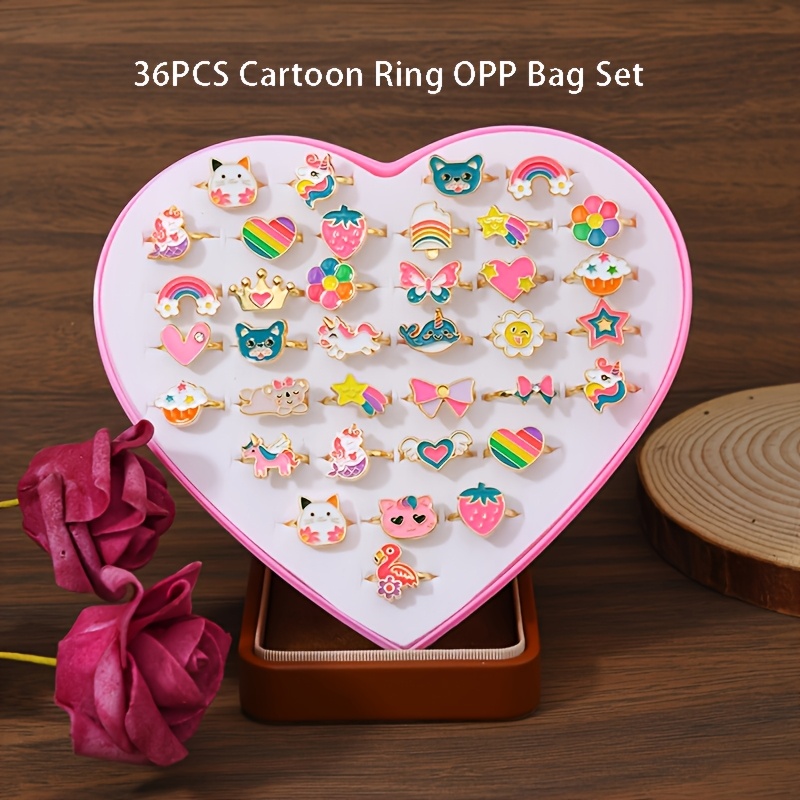 TEMU Set Of 36 Cartoon Rings Featuring Adorable Animal Designs, Offered In Various Colors, Coated With Goldenen, Everyday Use And Gifting