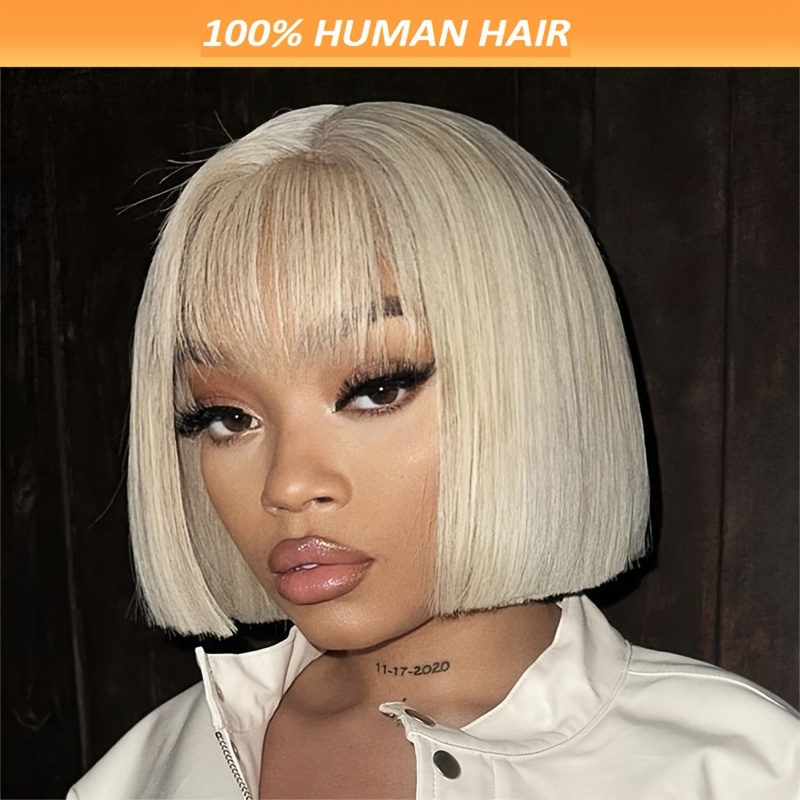 

Women's 613 Blonde Bob Wig With Bangs, Straight Remy Human Hair, 150% Density, Rose Cap, All Ethnicities, Basic Style, No Lace Full Wig