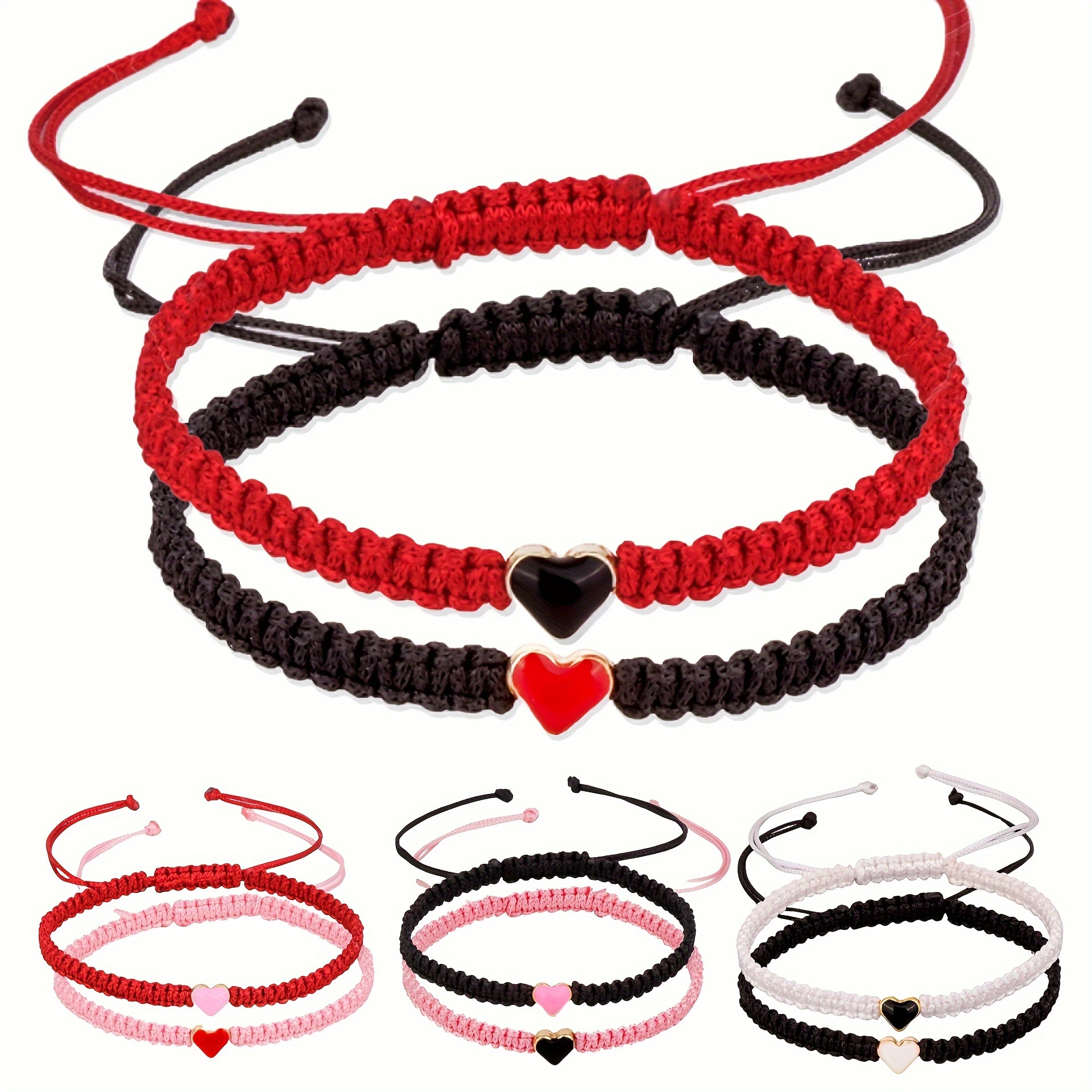 

2pcs/set Couple Bracelets, Heart Cool Braided Bracelets, Black White Peach Heart Hand Rope Gift For Men Women