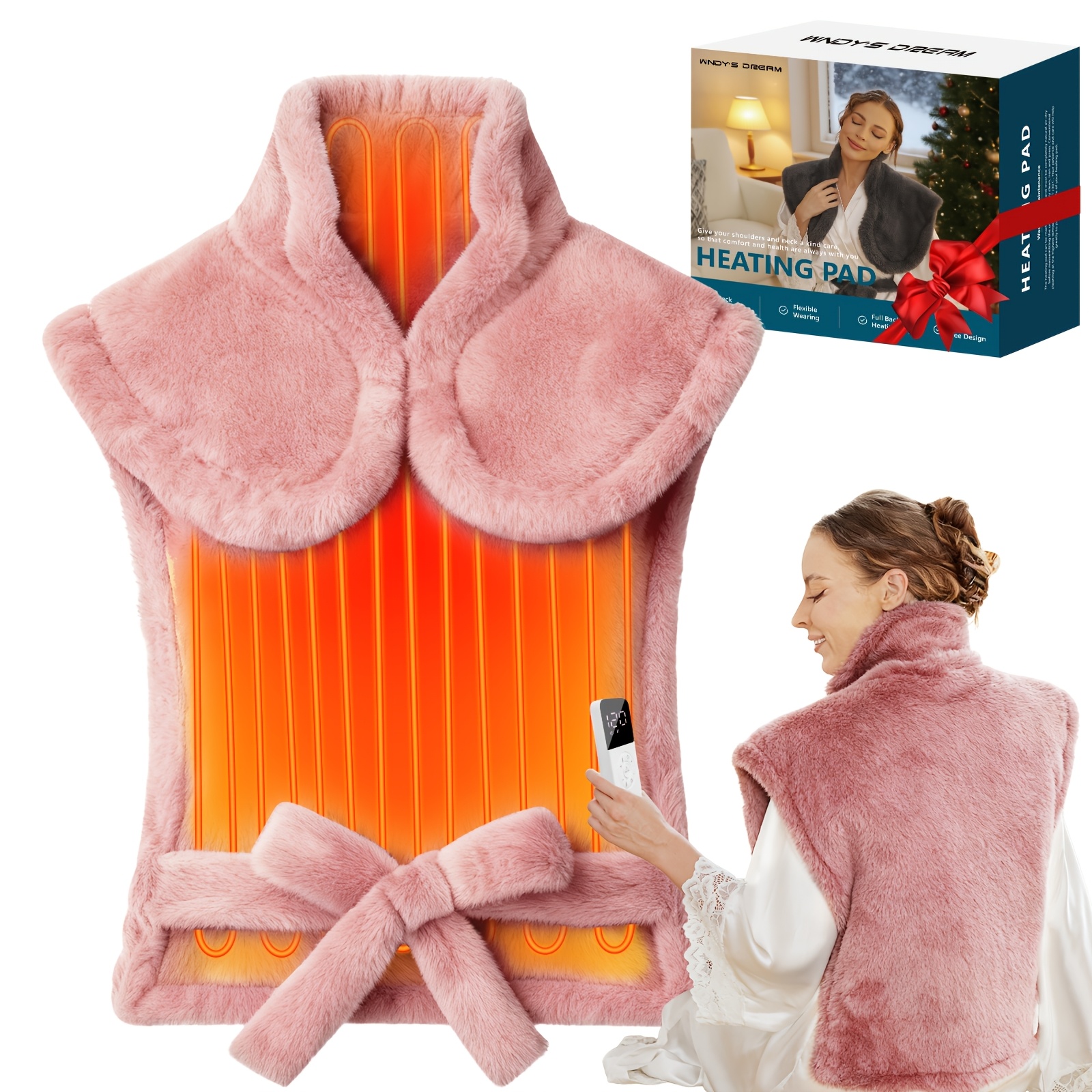 TEMU Fluffy Faux Fur Weighted Electric Heat Pad | 35" X 28" Large Heat Pad For Neck Shoulders, Large Back Heated Wrap, 5 Heat Settings And 4 Timers