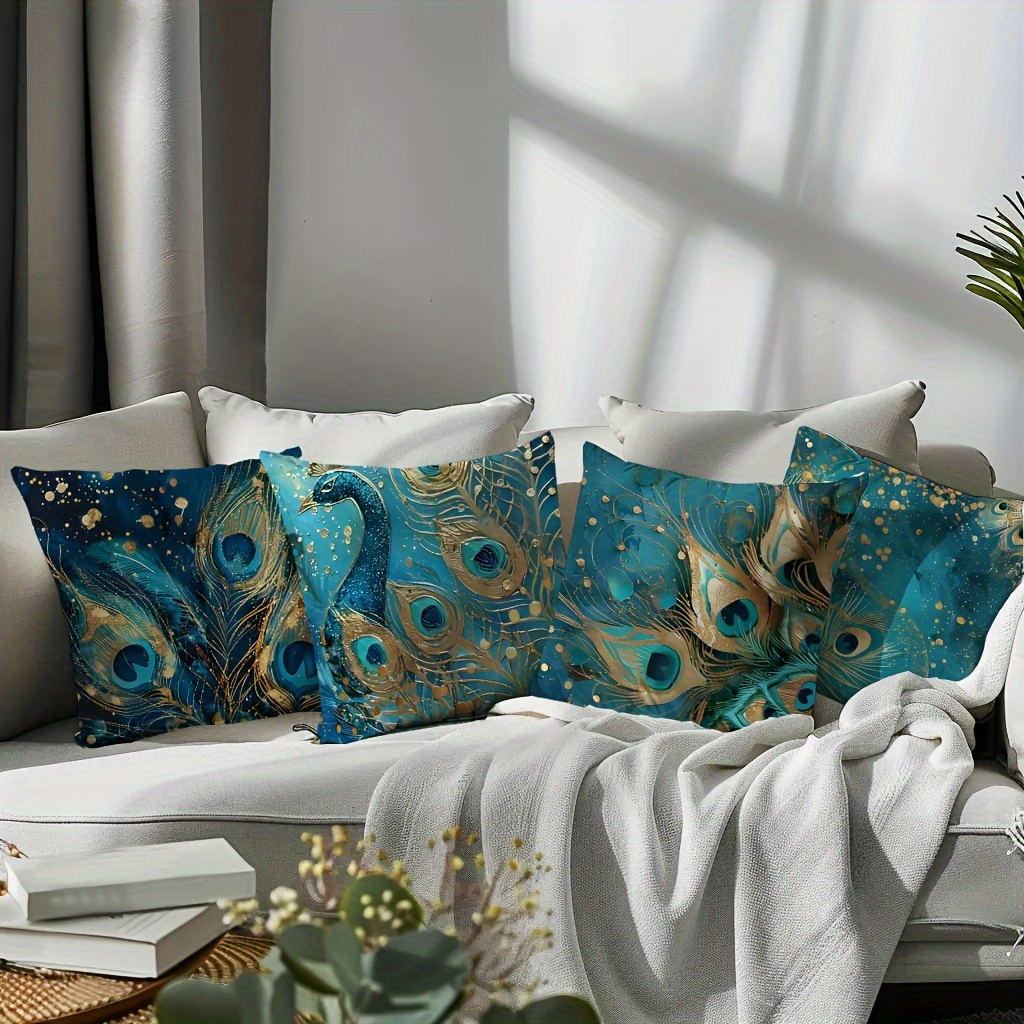 

4 Peacock Feather Print Home Bedroom Sofa Pillowcases, Without Pillow Core