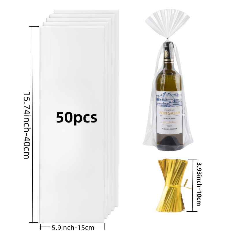 E-shop 50 Stück Packung & Weinflaschenbeutel - Transparente Glas-Papier-Cellophan-Beutel mit Bindeschluss, Flache Party-Geschenkbeutel für Weinflaschen